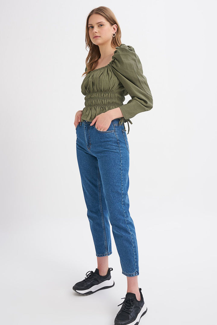 Watermelon Sleeve Square Collar Gipe Blouse Dark Khaki