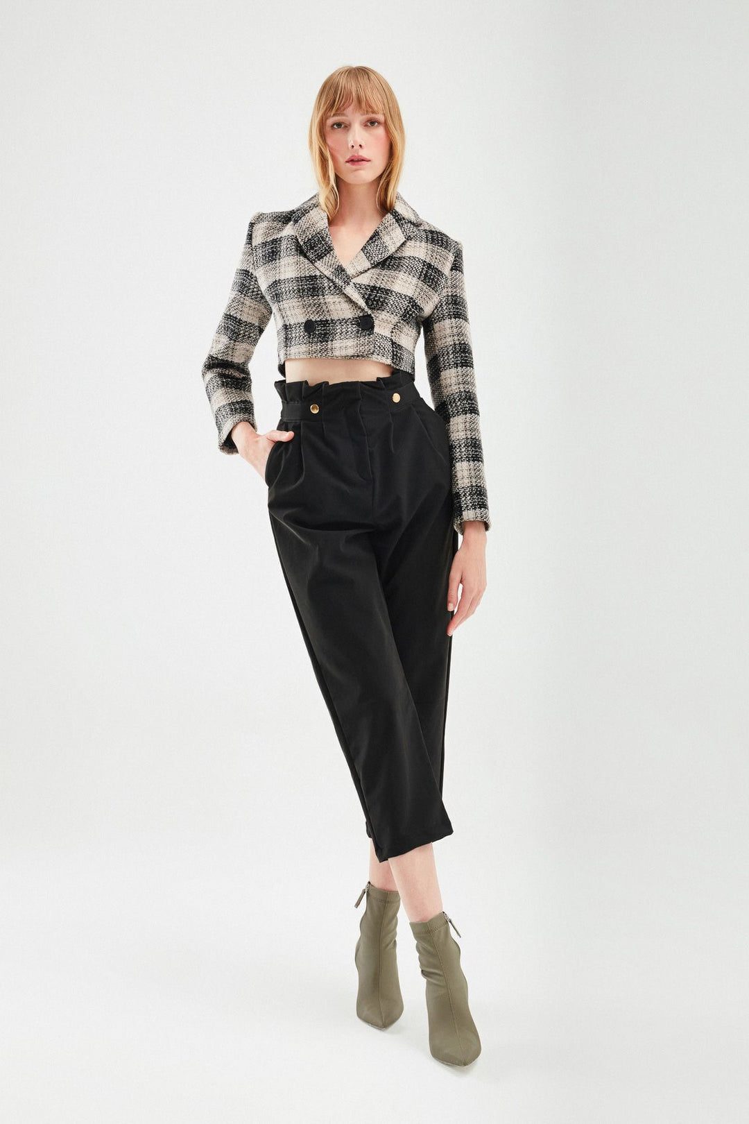 Ekose Crop Blazer Ceket Siyah