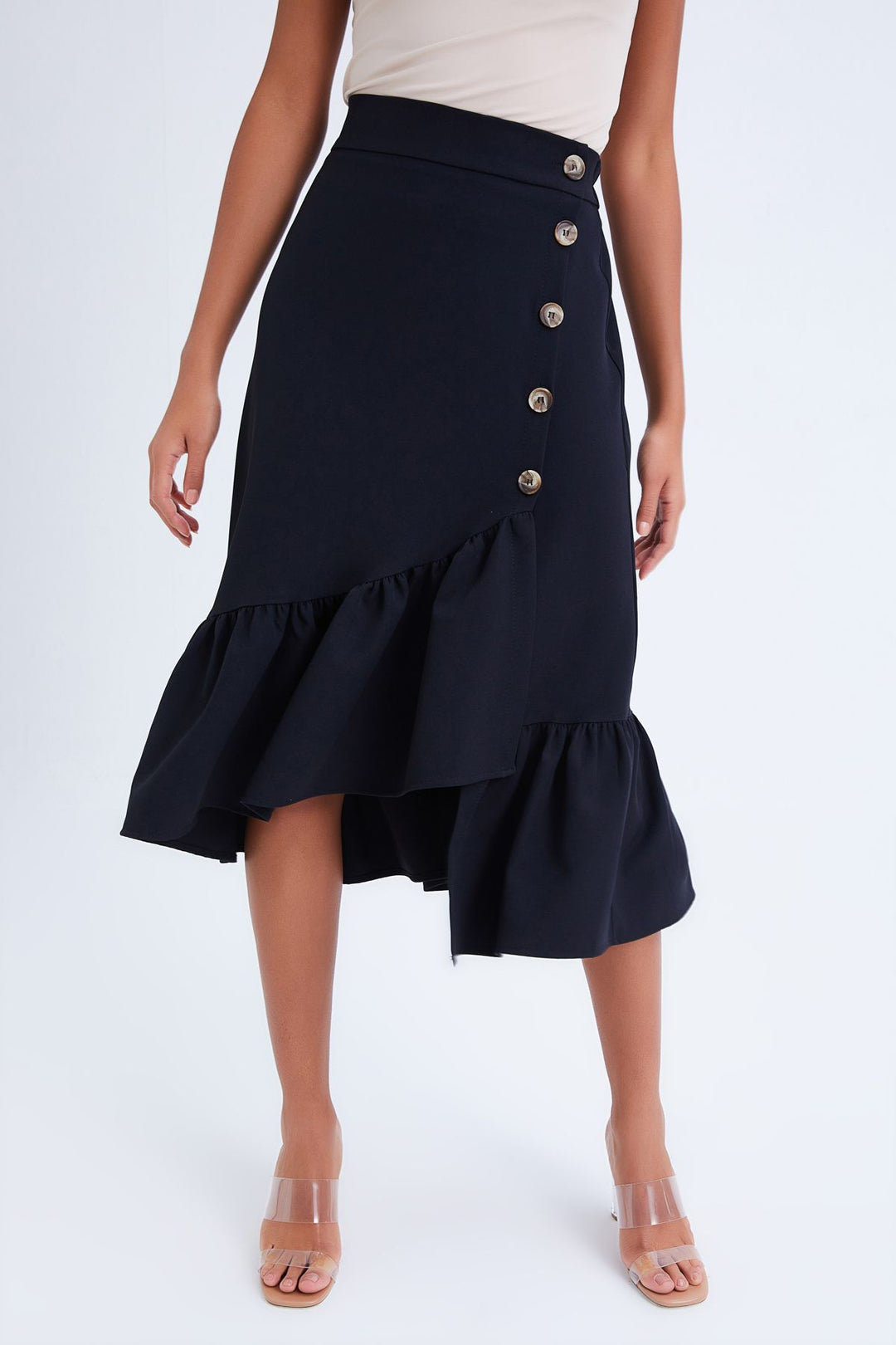 Button Detailed Frilly Skirt Black