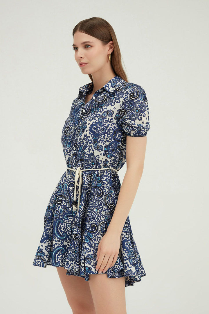 Gömlek Yaka Volanlı Mini Elbise Lacivert