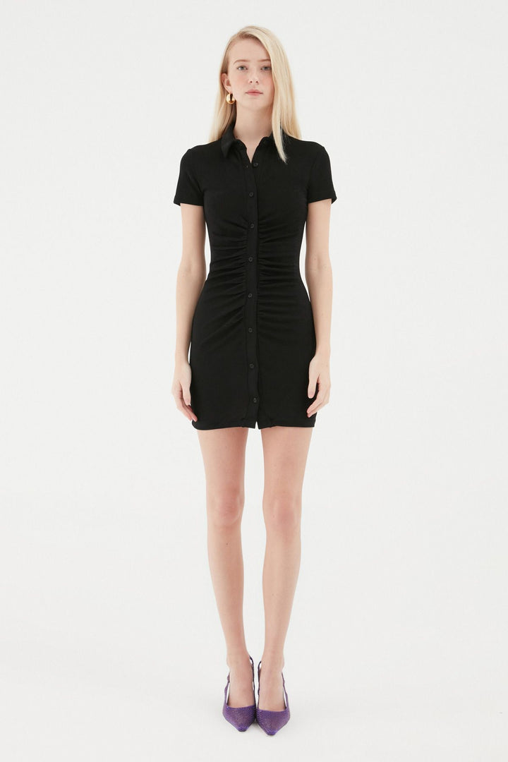 Buttoned Pleated Dress Black