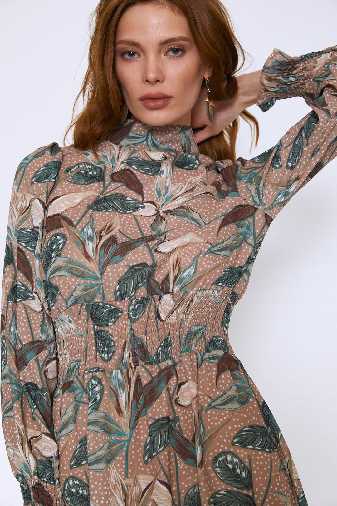 Floral Pattern Dress Camel