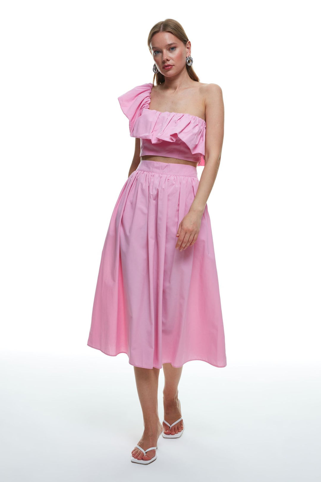 Ruffle Detailed One-Shoulder Crop Blouse Pink