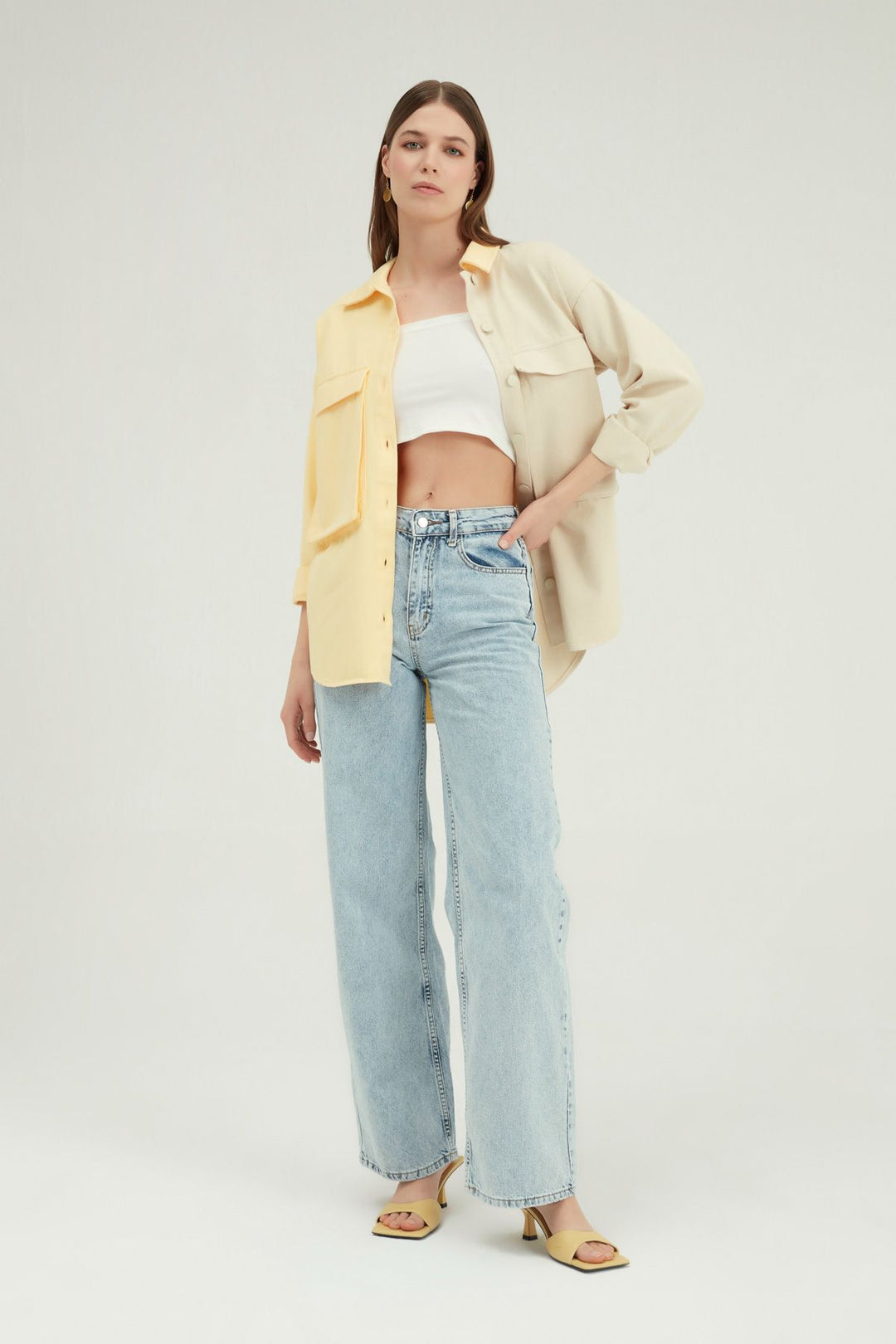 İki Renkli Cepli Gabardin Gömlek Sarı