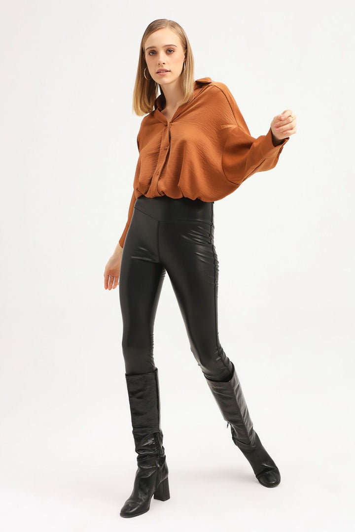 Beli Lastikli V Yaka Bluz Kahverengi