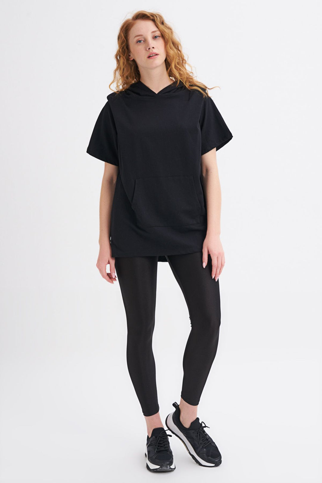 Hooded Kangaroo Pocket Long Sweatshirt Black