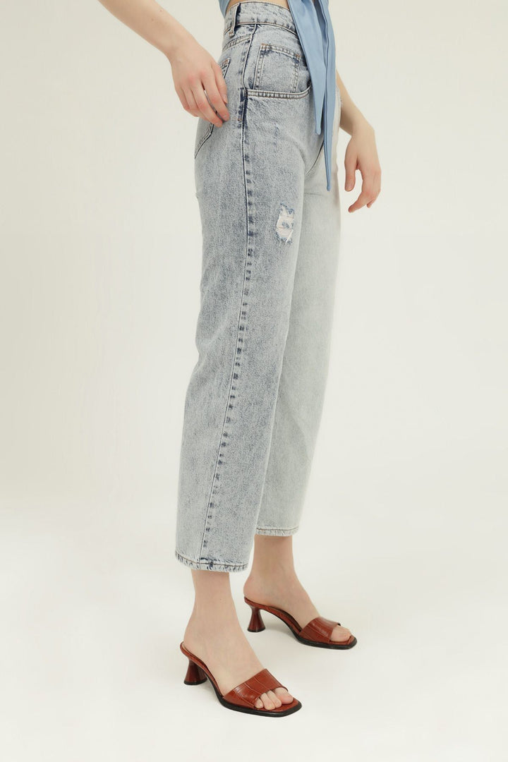 İki Renkli Bol Paça Kot Pantolon Açık Mavi