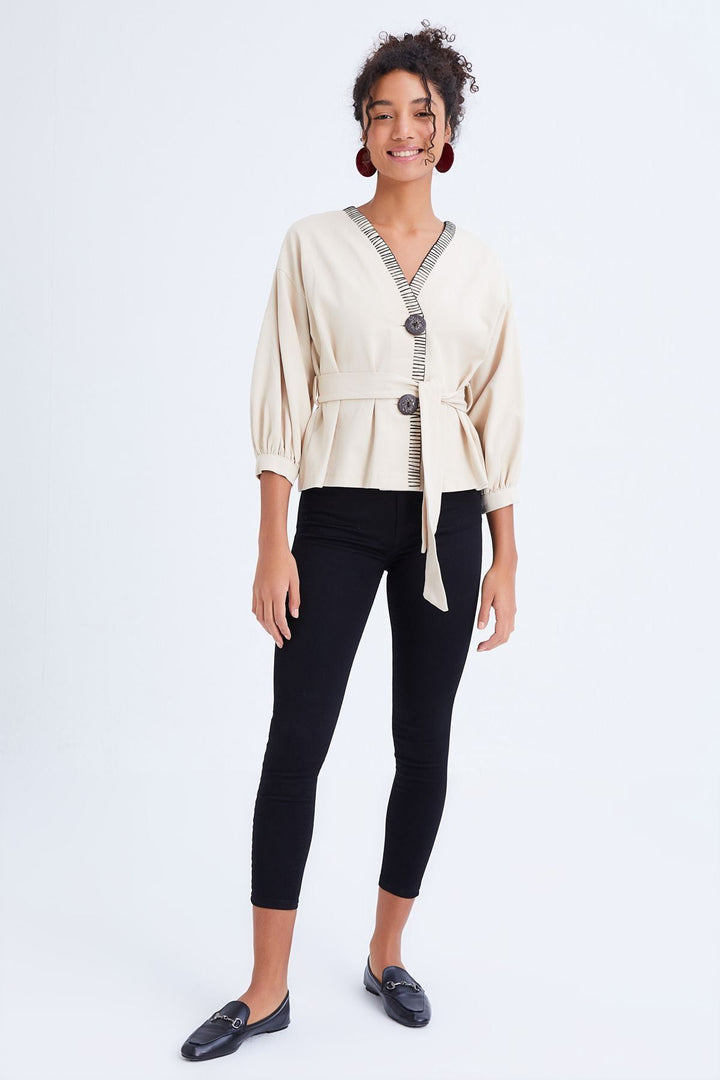 Belt Detailed Buttoned Seasonal Jacket Bone