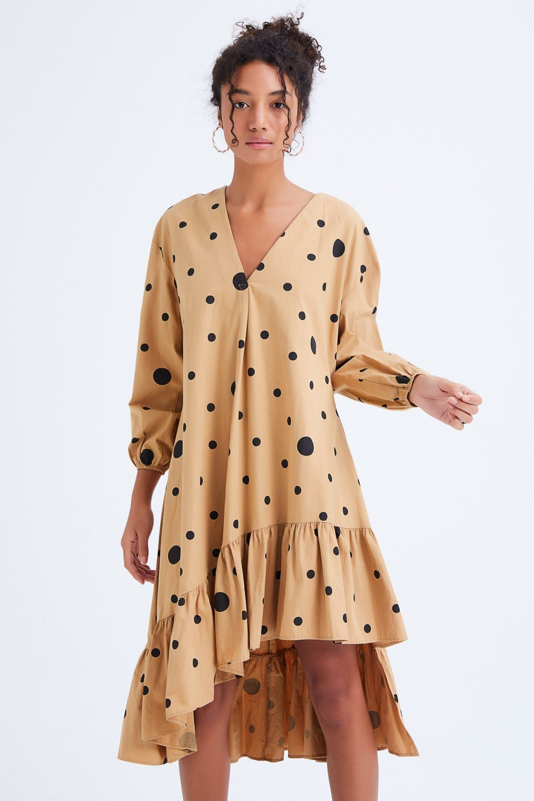 Asymmetrical Long Polka Dot Dress Camel