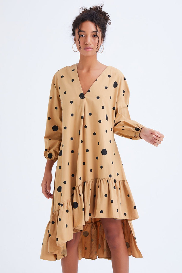 Asymmetrical Long Polka Dot Dress Camel