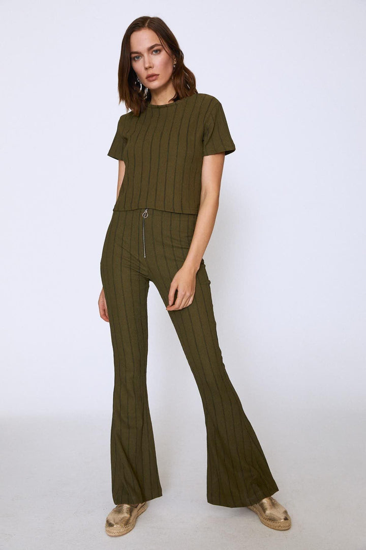 High Waist Spanish Leg Trousers Khaki