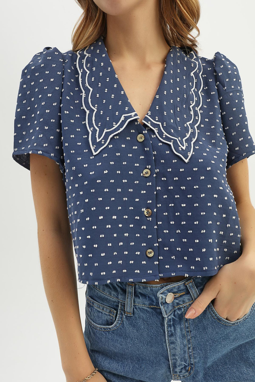 Embroidered Collar V-Neck Shirt Indigo