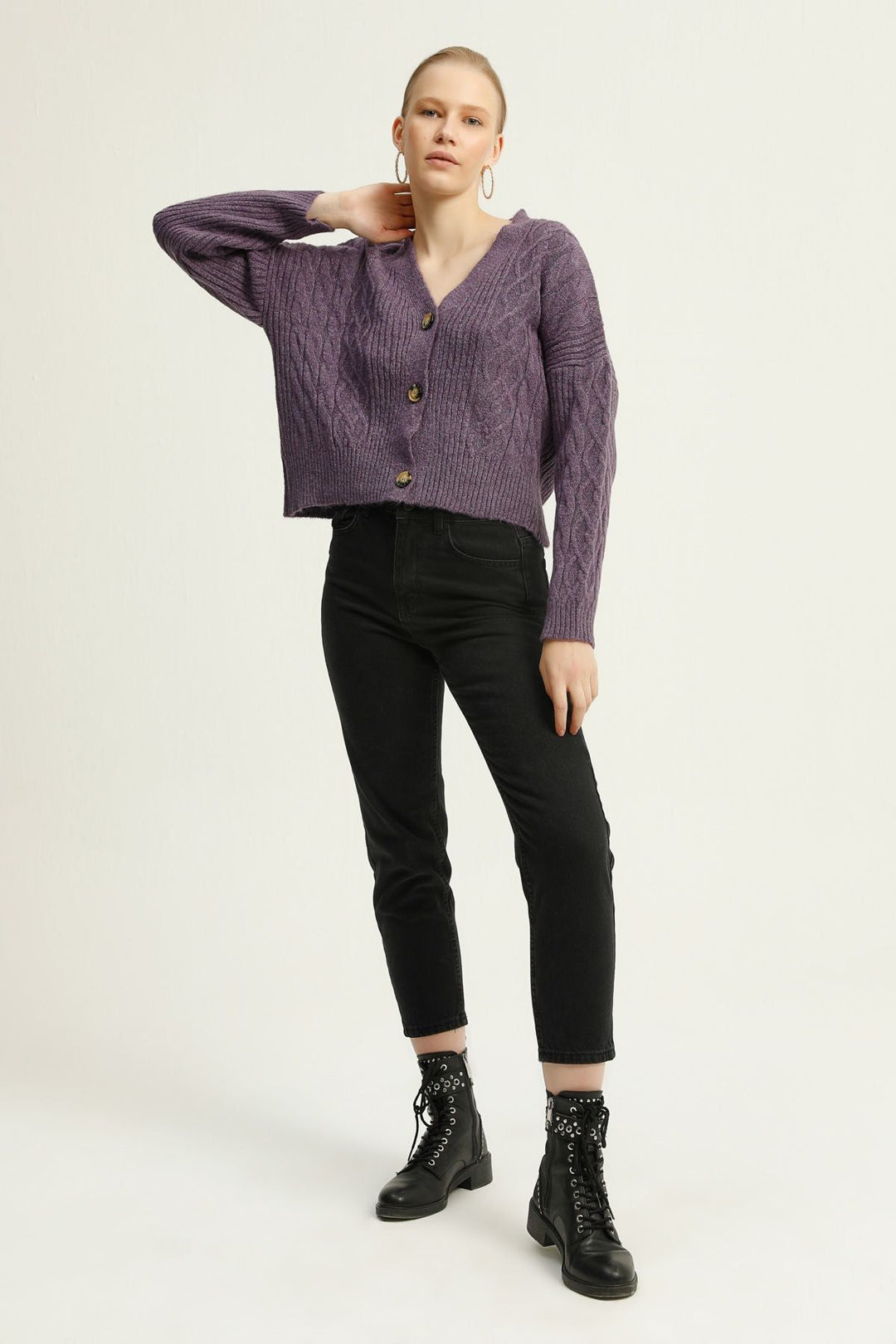 Diamond Pattern Buttoned Cardigan Purple