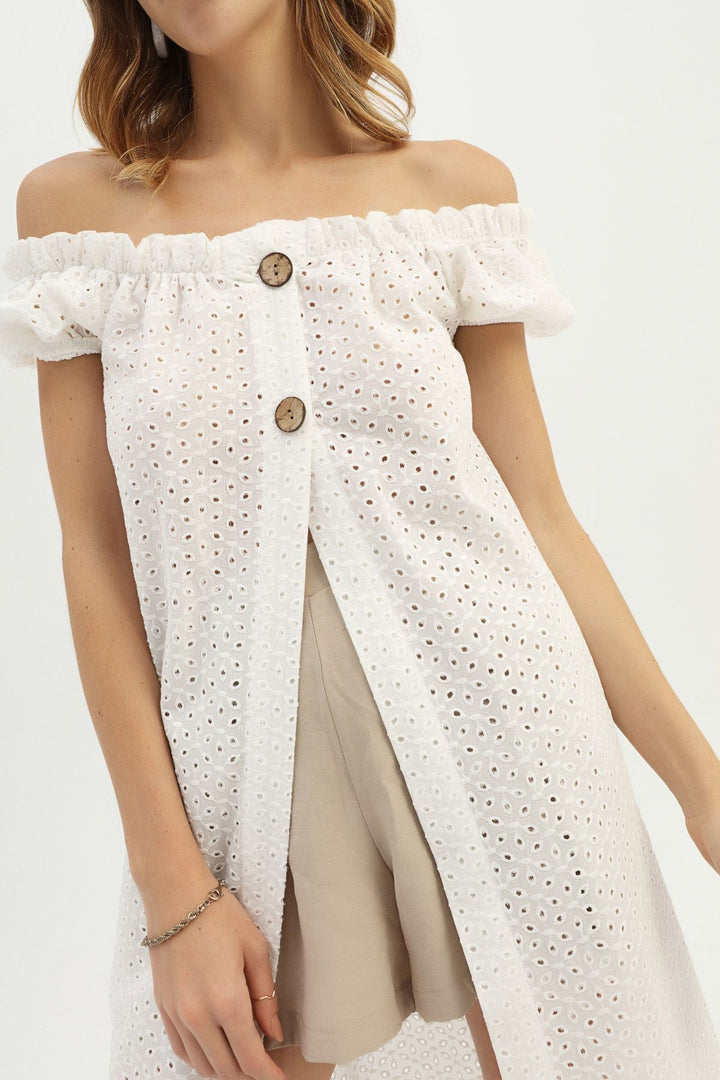 Button Detailed Guipure Long Blouse White
