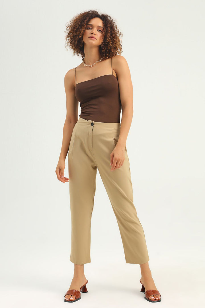 Yüksek Bel Beli Lastikli Pantolon Taş