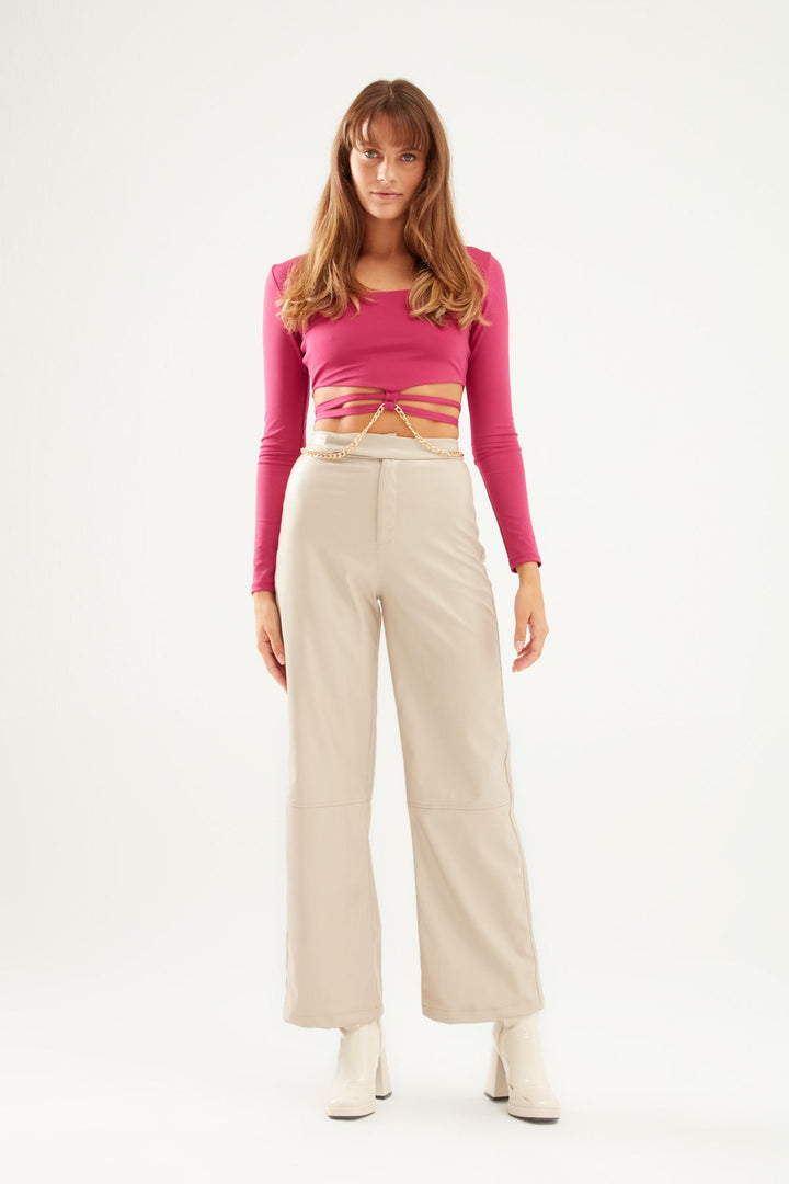 Geniş Paça Deri Pantolon Taş