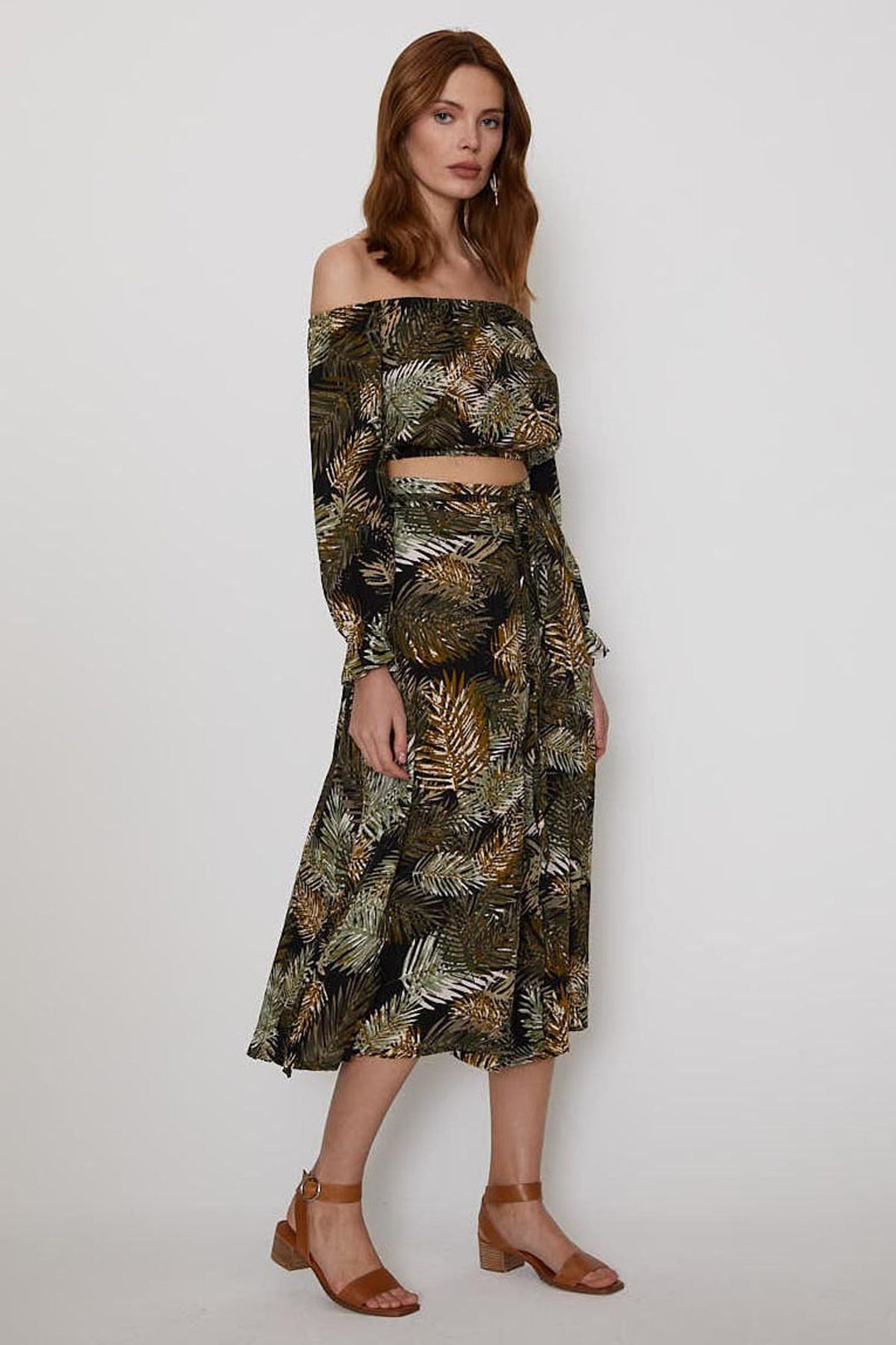 Palm Patterned Crop Blouse Khaki