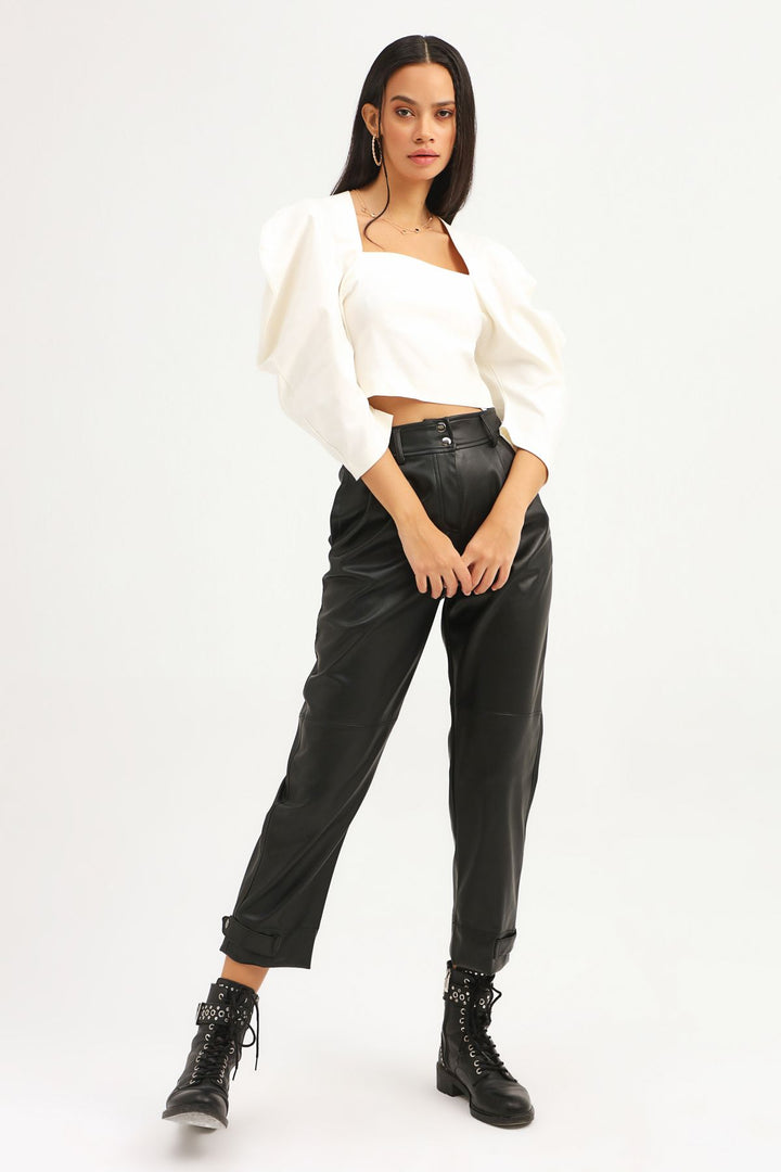 Balloon Sleeve Square Neck Crop Blouse Ecru