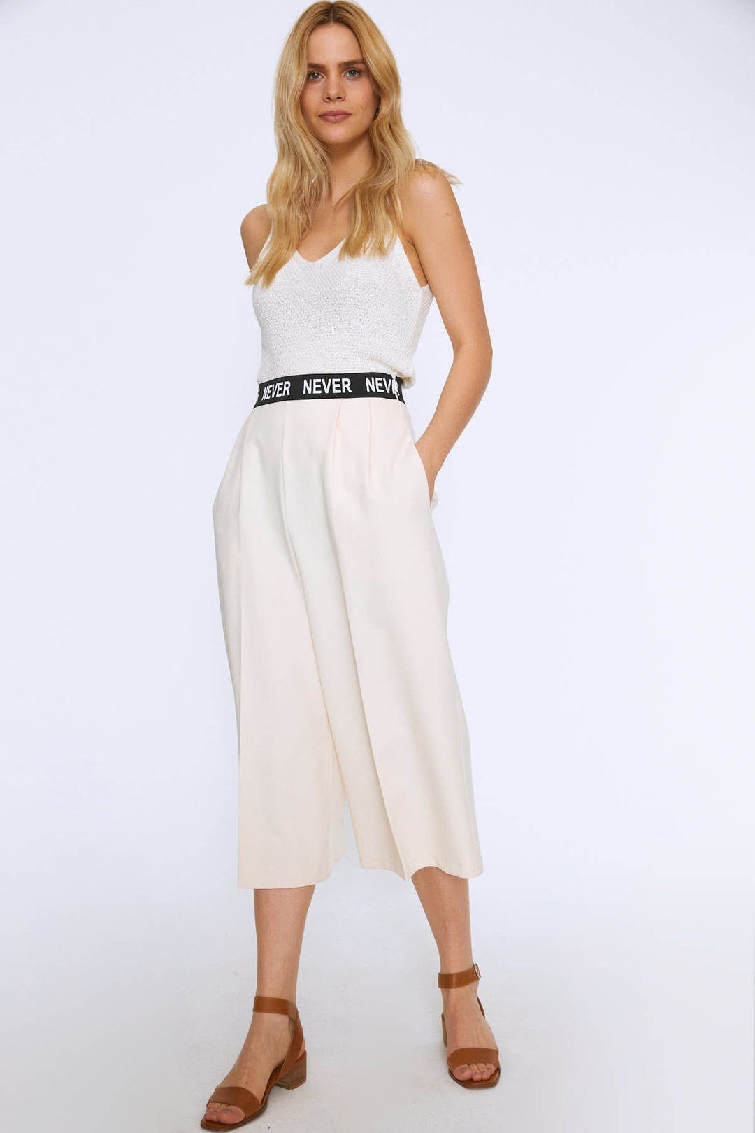 Ribbed Waist Wide Leg Trousers Ecru