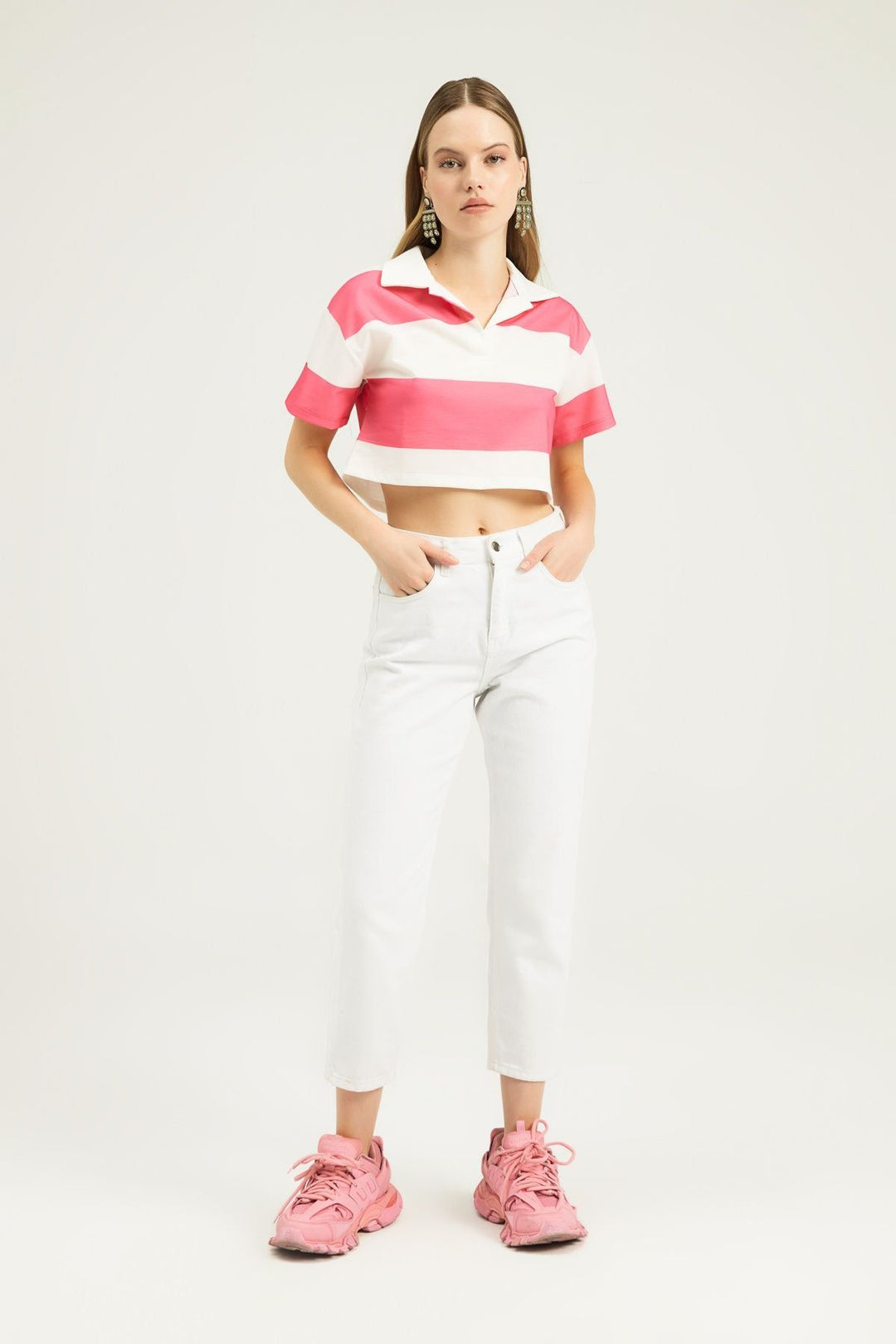 Polo Neck Striped Crop Blouse Candy Pink