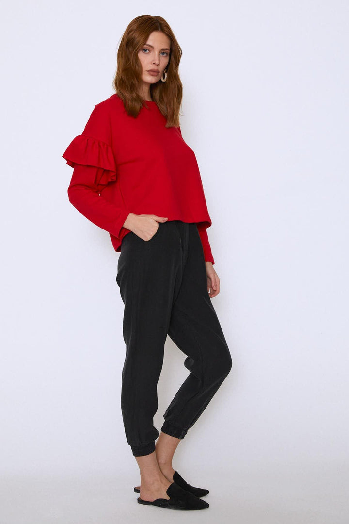 Crew Neck Sleeves Frilly Sweatshirt Red