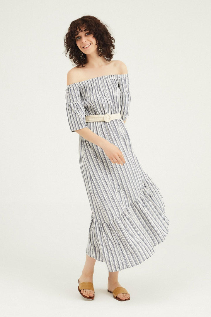 Off Shoulder Asymmetrical Belted Dress Indigo