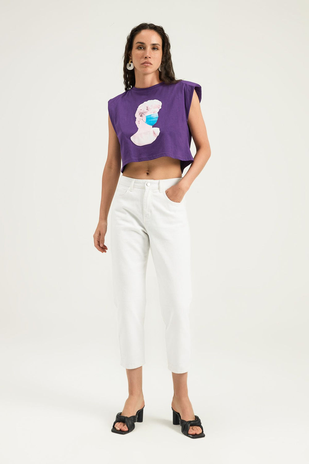 Baskılı Vatkalı Tişört Mor