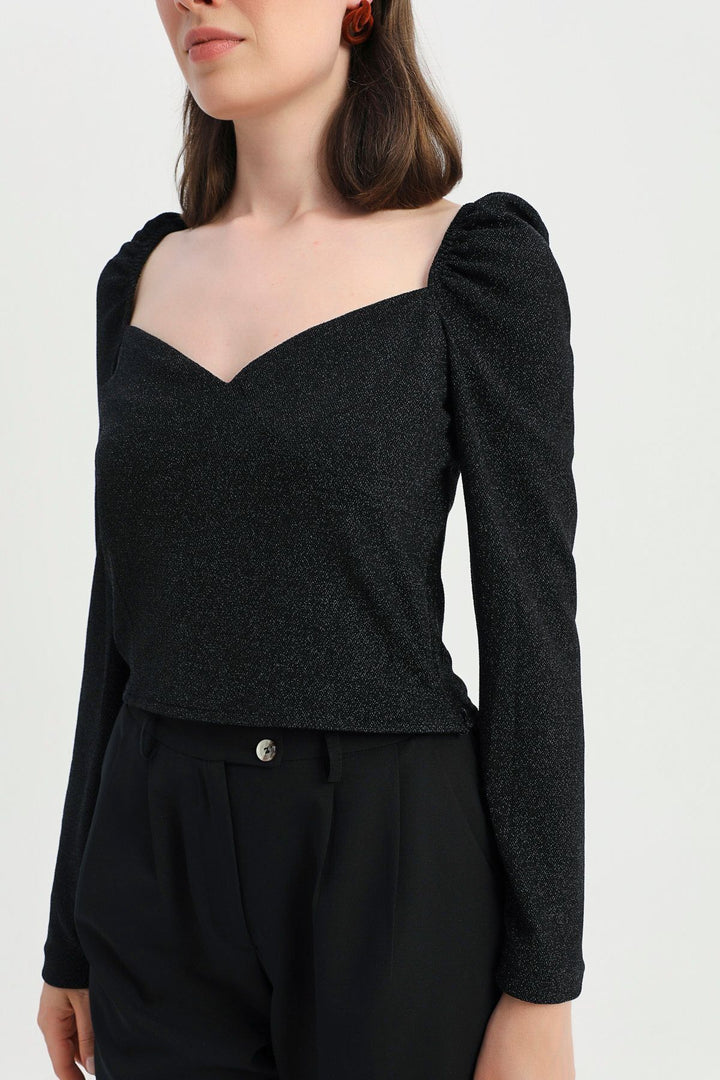 V-Neck Silvery Blouse Black