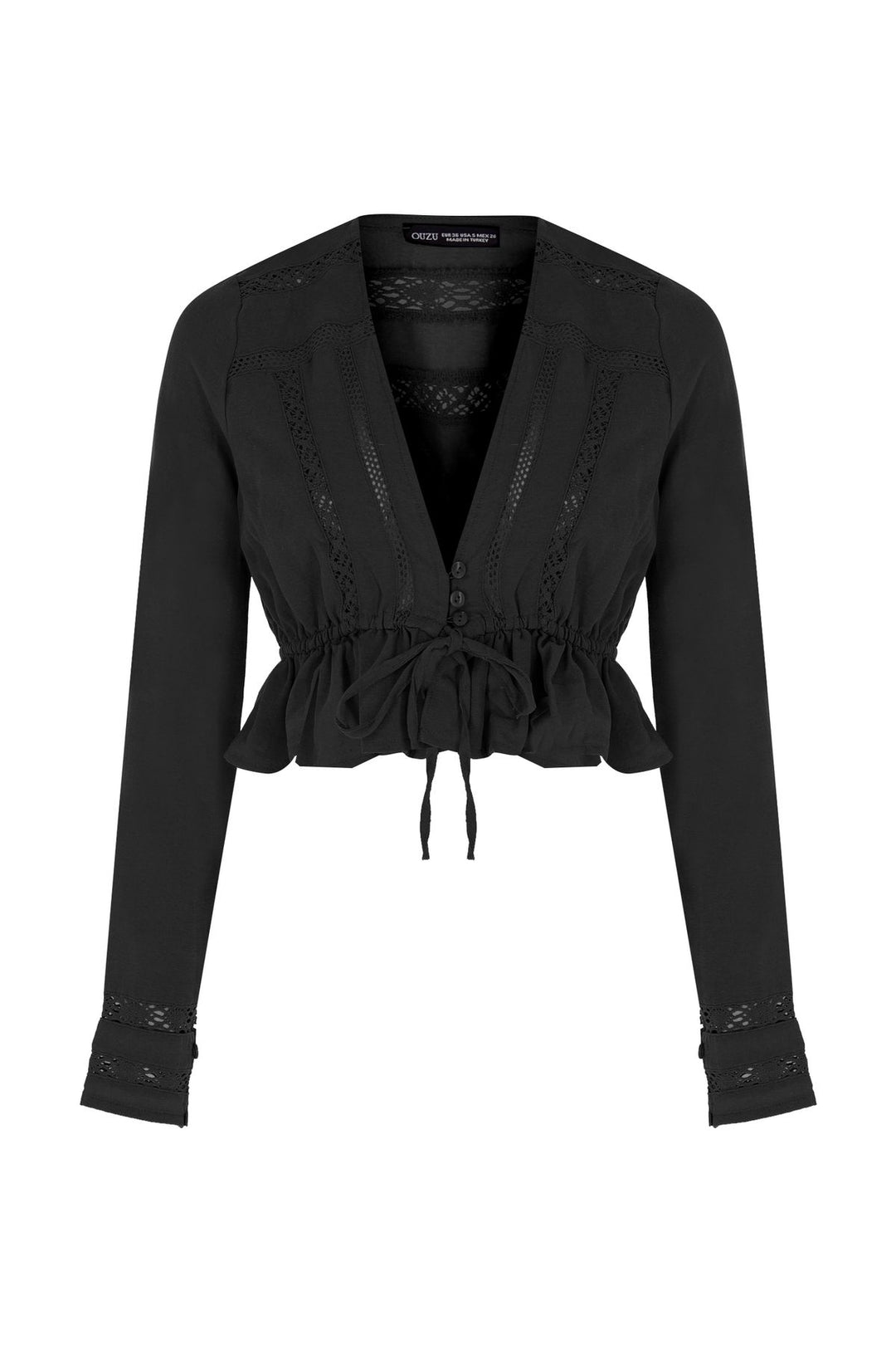 Pleated Waist V Neck Linen Blouse Black