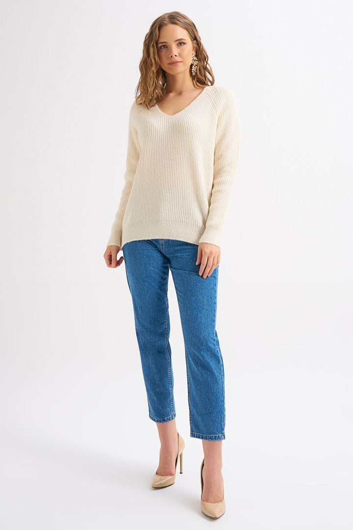 V Neck Long Sweater Ecru