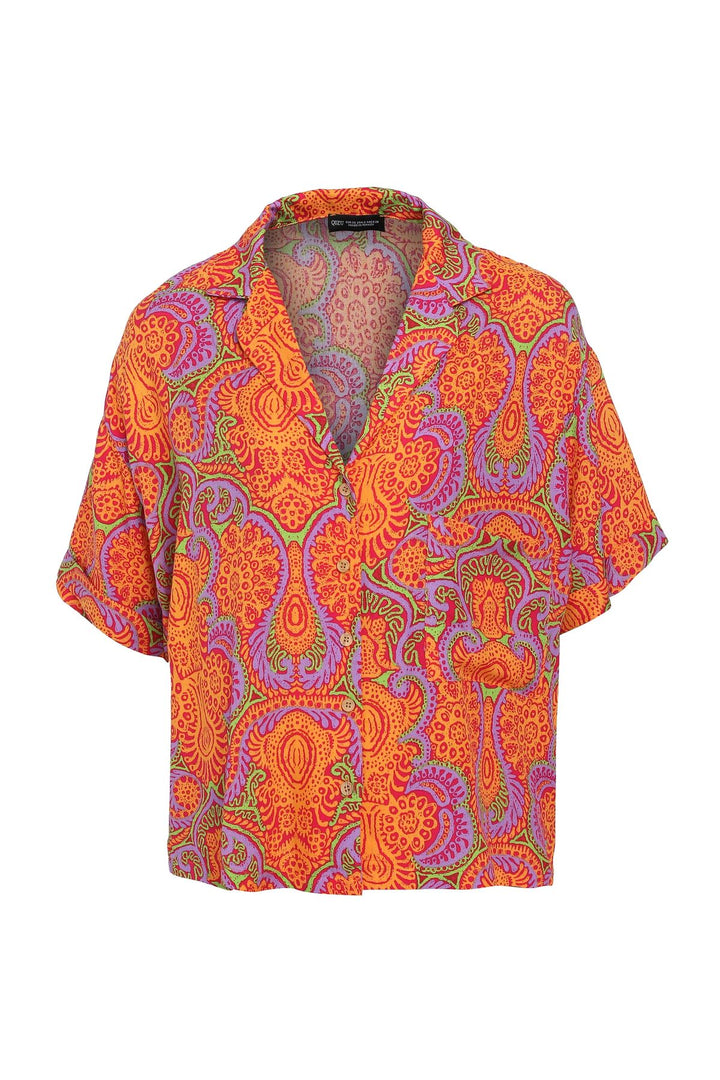 Desenli Kısa Kollu Gömlek Turuncu