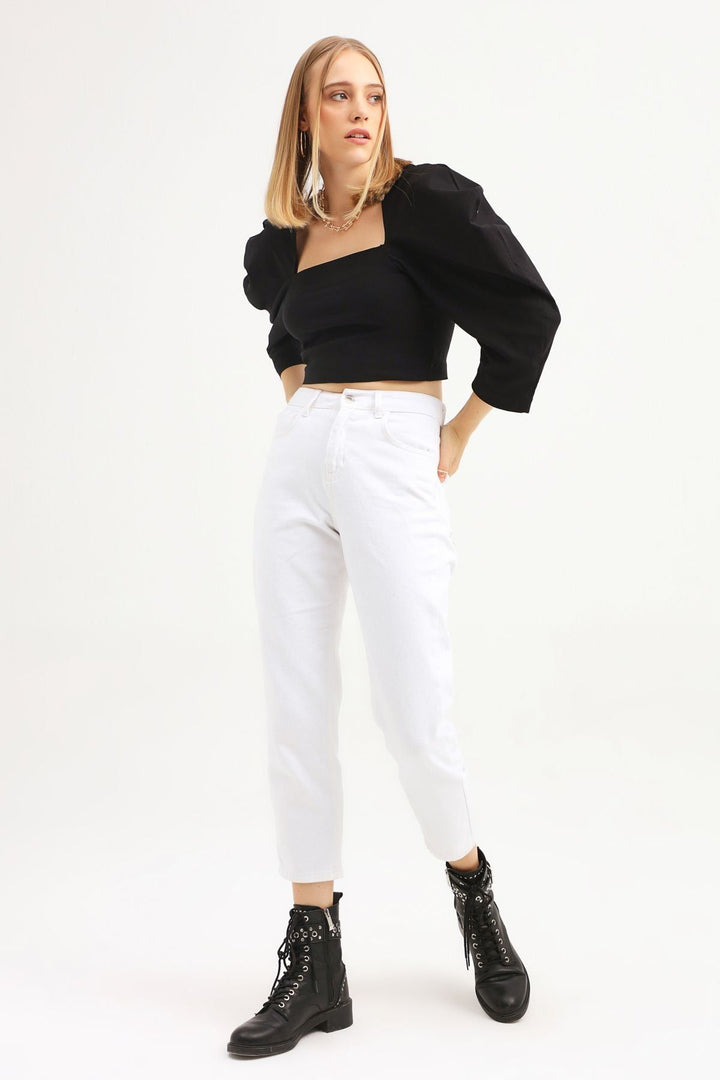 Balloon Sleeve Square Collar Crop Blouse Black