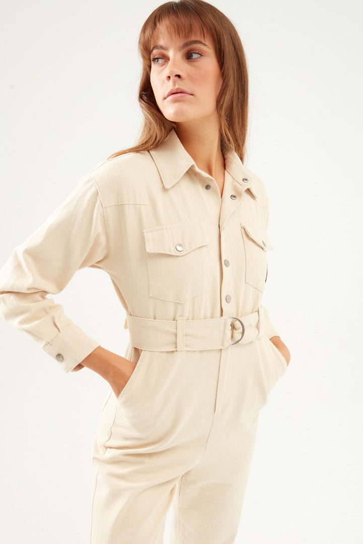 Back Printed Gabardine Jumpsuit Stone