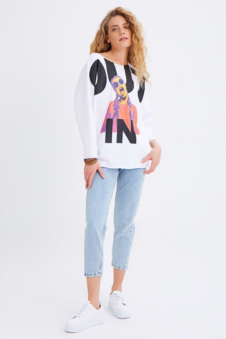 Baskılı Sweatshirt Beyaz