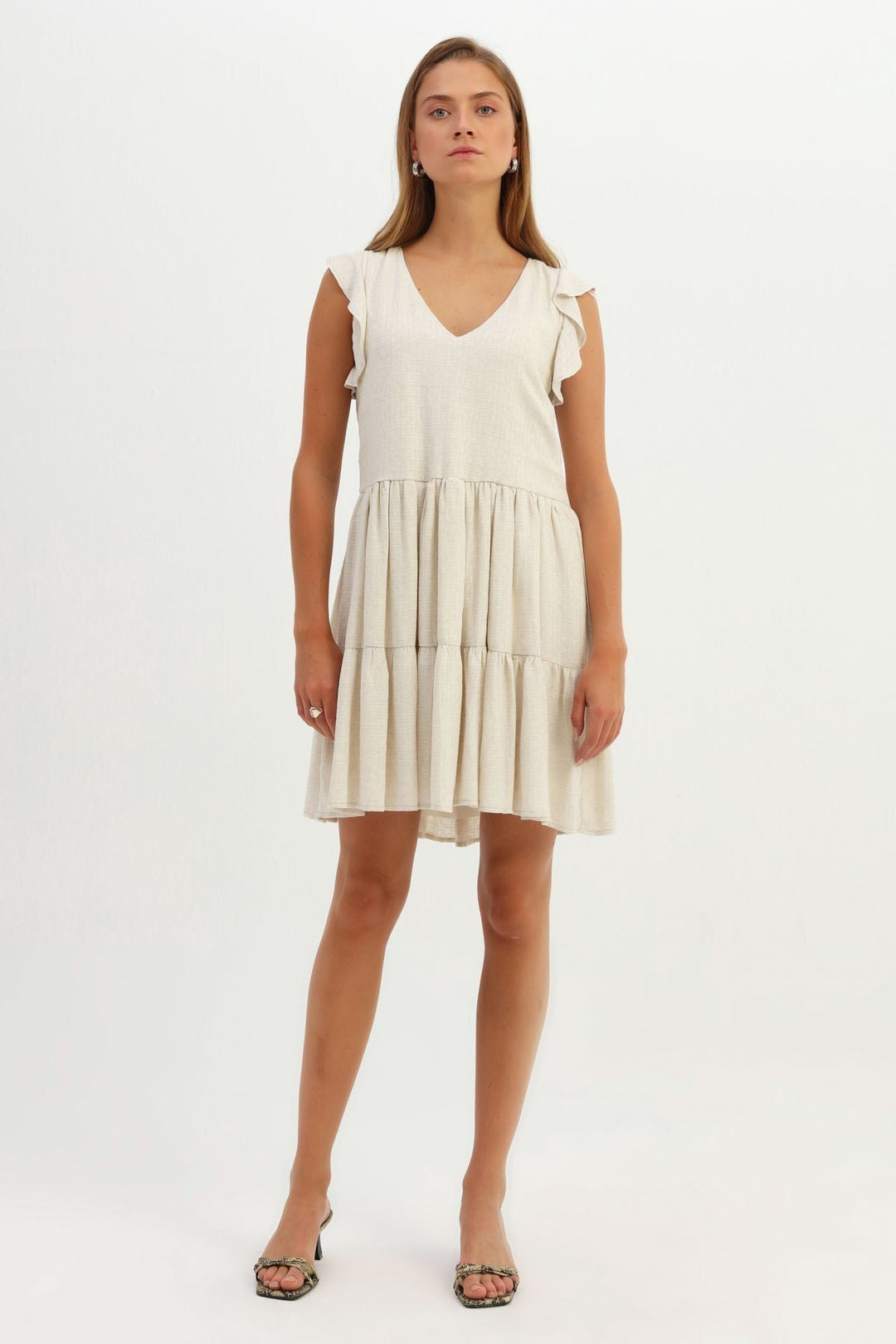 Ruffle V Neck Linen Dress Natural