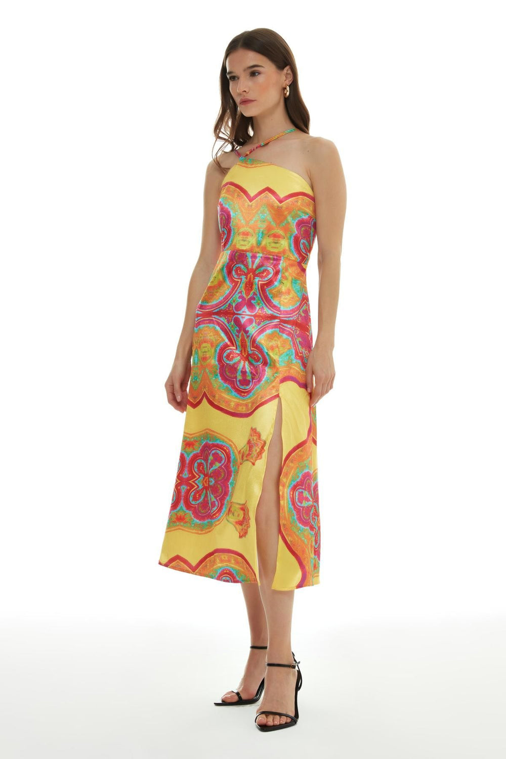 Colorful Patterned One-Shoulder Satin Dress Fuchsia