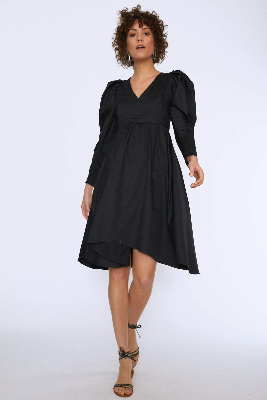 Balloon Sleeve V Neck Midi Dress Black