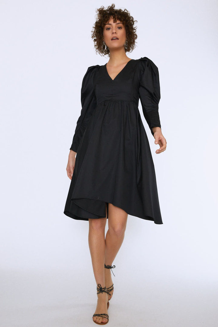 Balloon Sleeve V Neck Midi Dress Black