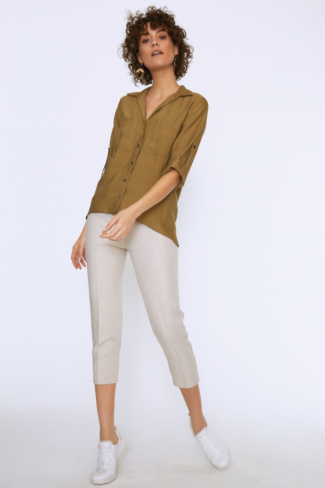 V Neck Three Quarter Sleeve Shirt Khaki