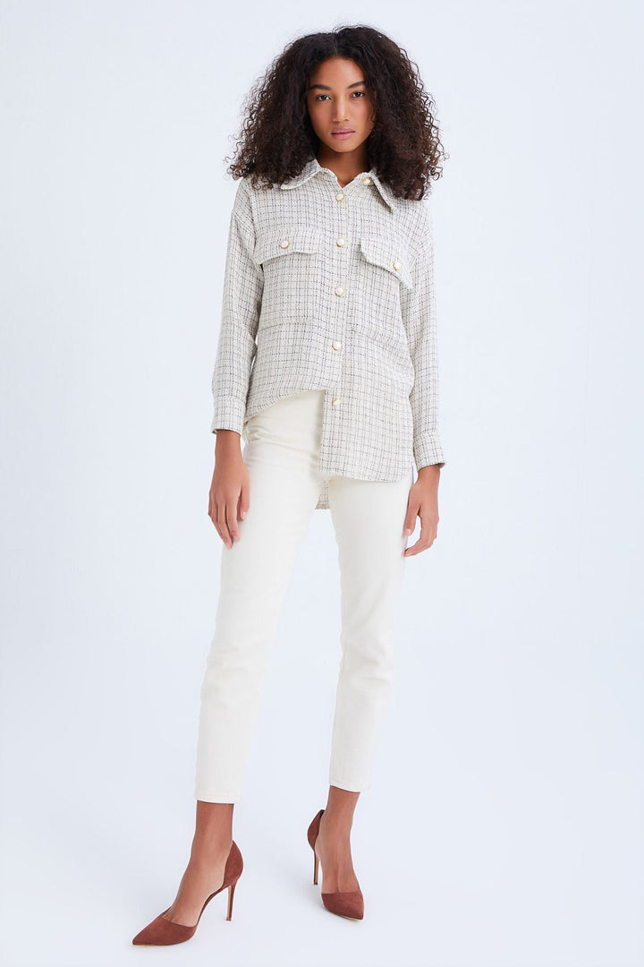 Cepli Düğmeli Tüvit Gömlek Ekru