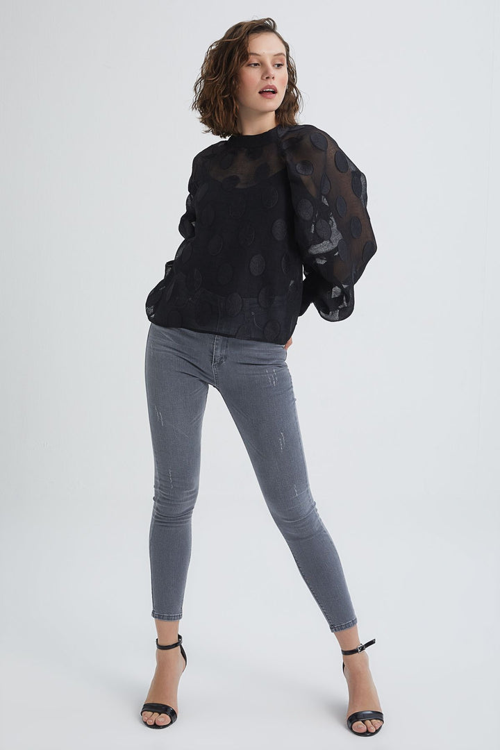 Polka Dot Balloon Sleeve Blouse Black