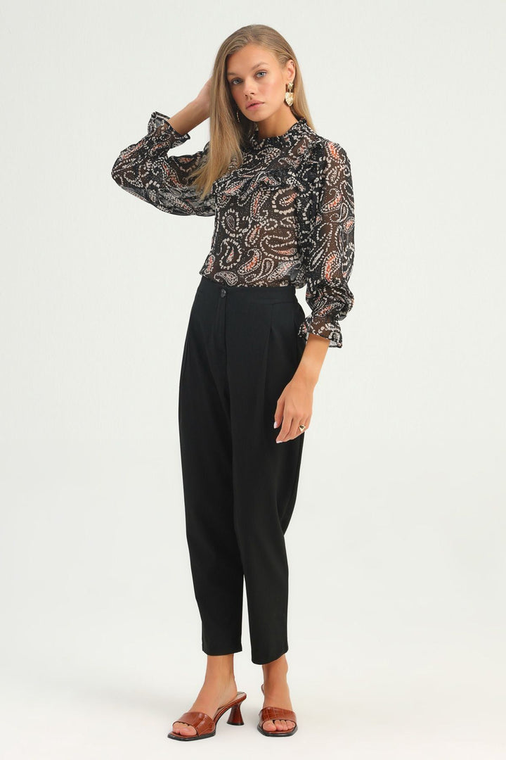 Patterned Frilled Tulle Blouse Black