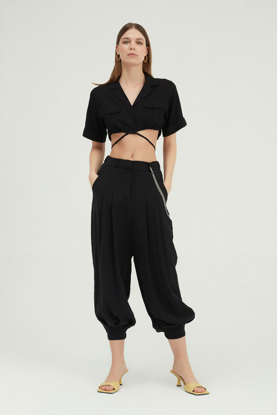 Tie Front Crop Linen Shirt Black
