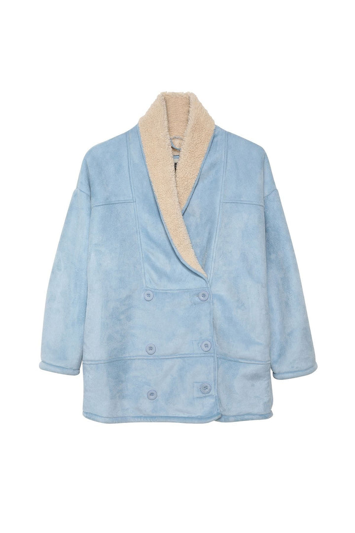 Double Breasted Suede Coat Blue