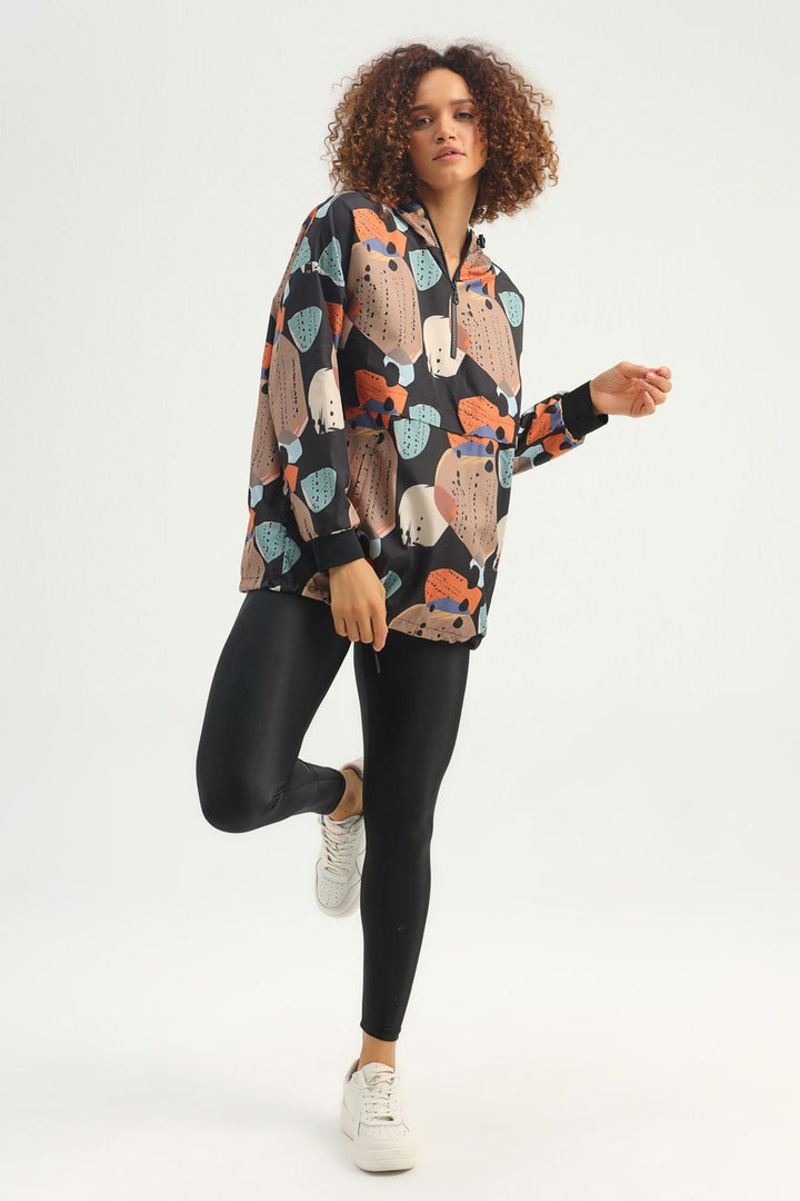 Patterned Hooded Pocket Raincoat Black