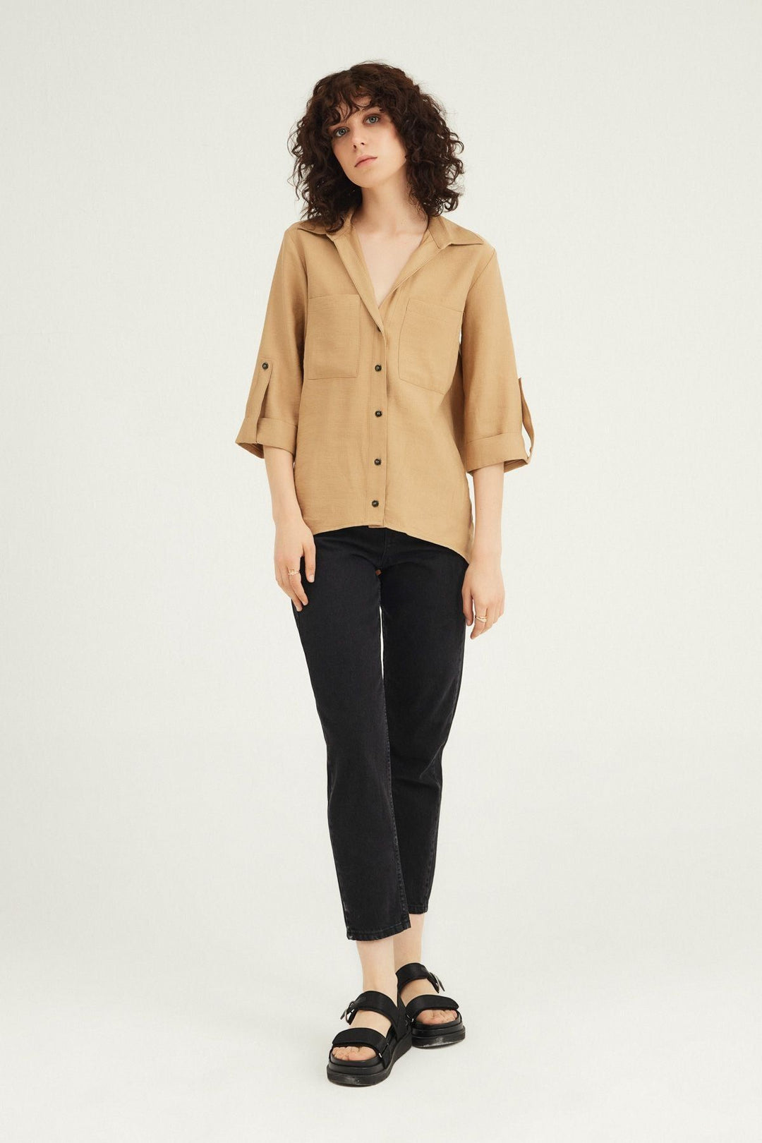V-Neck Three Quarter Sleeve Shirt Camel