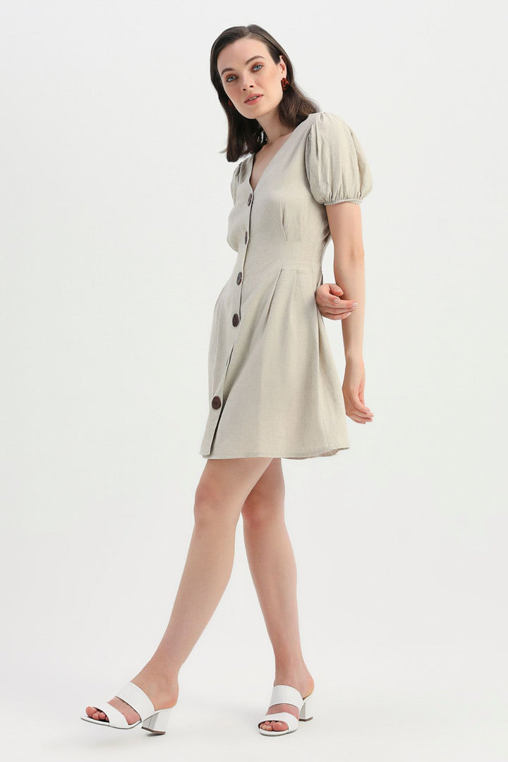 V Neck Balloon Sleeve Linen Dress Natural