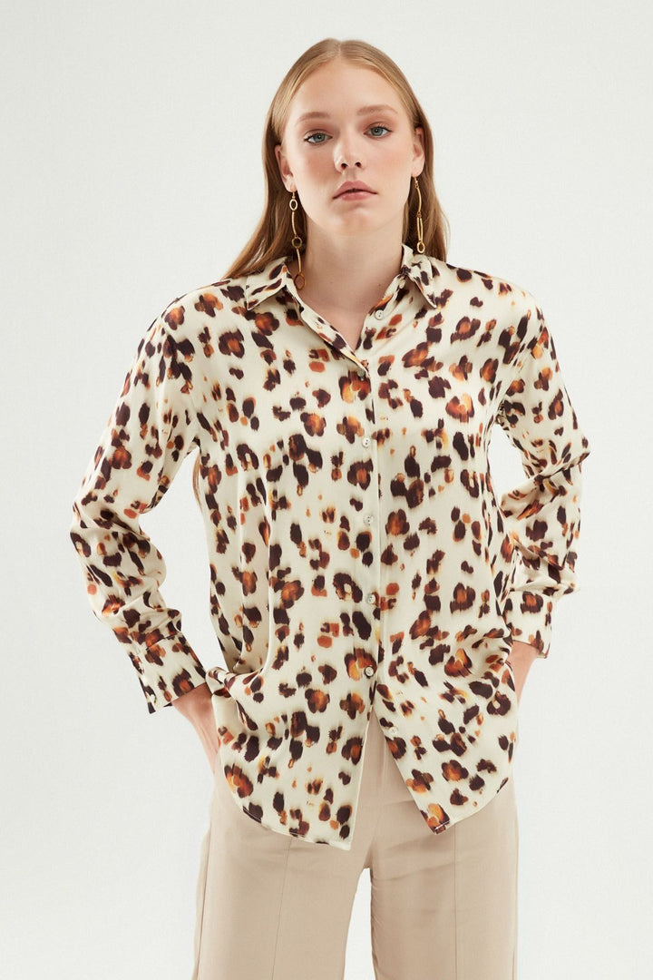 Leopard Patterned Satin Shirt Brown