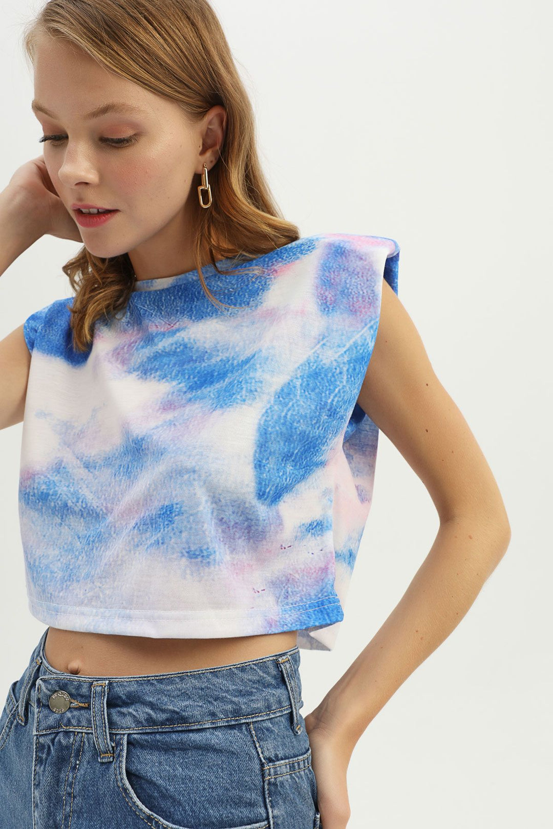 Desenli Vatkalı Crop Tişört Lila