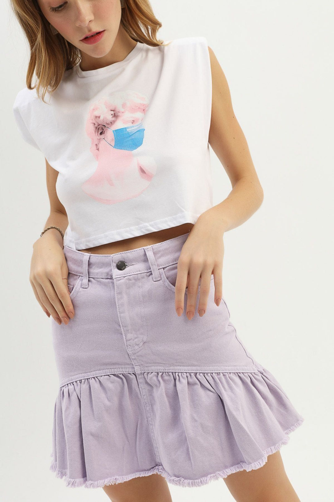 Etek Ucu Pile Detaylı Kot Etek Lila